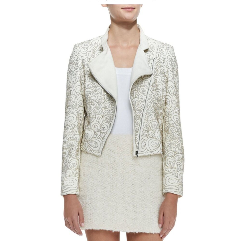 Alice + Olivia Jace Beaded Cream Leather Moto Jacket